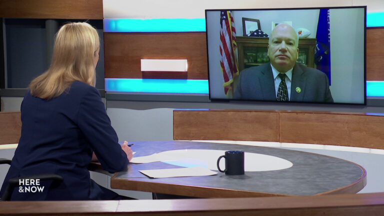 Frederica Freyberg sits at a desk on the Here & Now set and faces a video monitor showing an image of Scott Fitzgerald.