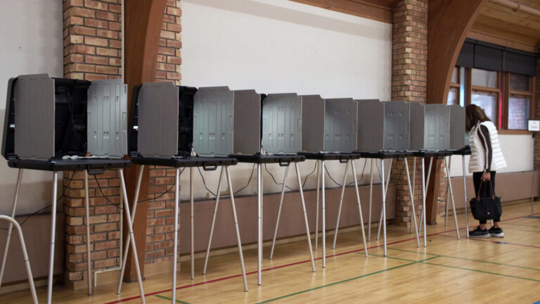 A voter holding the straps of a tote bag in their left hand stands in front of a temporary voting booth with plastic privacy walls and metal legs, located at the end of a row of similar booths in a gymnasium with a wood floor, brick columns and a wood-paneled vaulted ceiling.