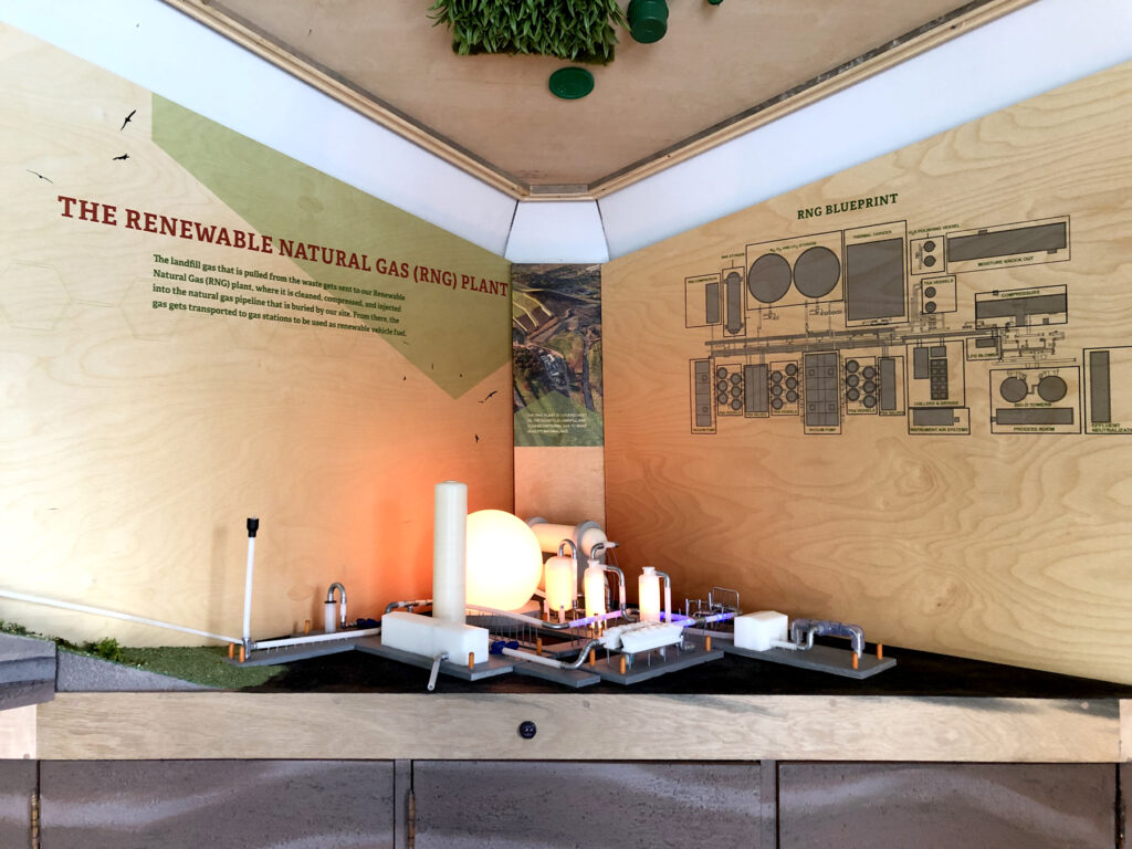 Model of a renewable natural gas plant with detailed schematic on wood backdrop. Warm lighting suggests innovation and sustainability focus.