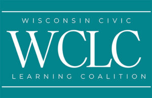 Teal backdrop with white text that reads "Wisconsin Civic Learning Coalition (WCLC)"