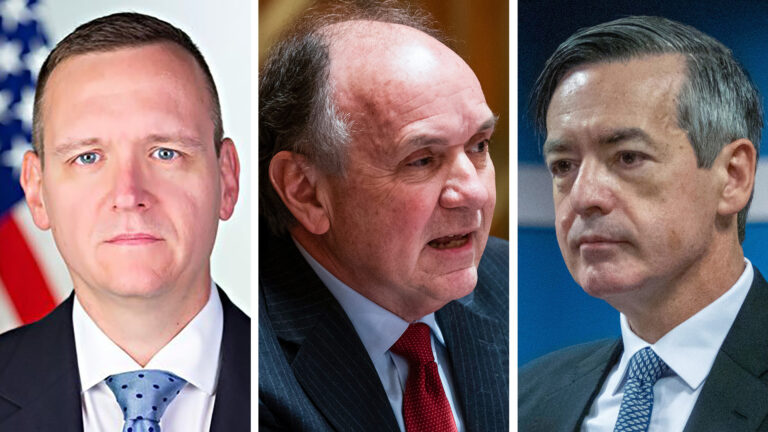 Three side-by-side photos show Mike Roman, Jim Troupis and Kenneth Chesebro posing for a portrait, speaking and listening, respectively, in rooms with out-of-focus backgrounds. Three side-by-side photos show Mike Roman, Jim Troupis and Kenneth Chesebro posing for a portrait, speaking and listening, respectively, in rooms with out-of-focus backgrounds.