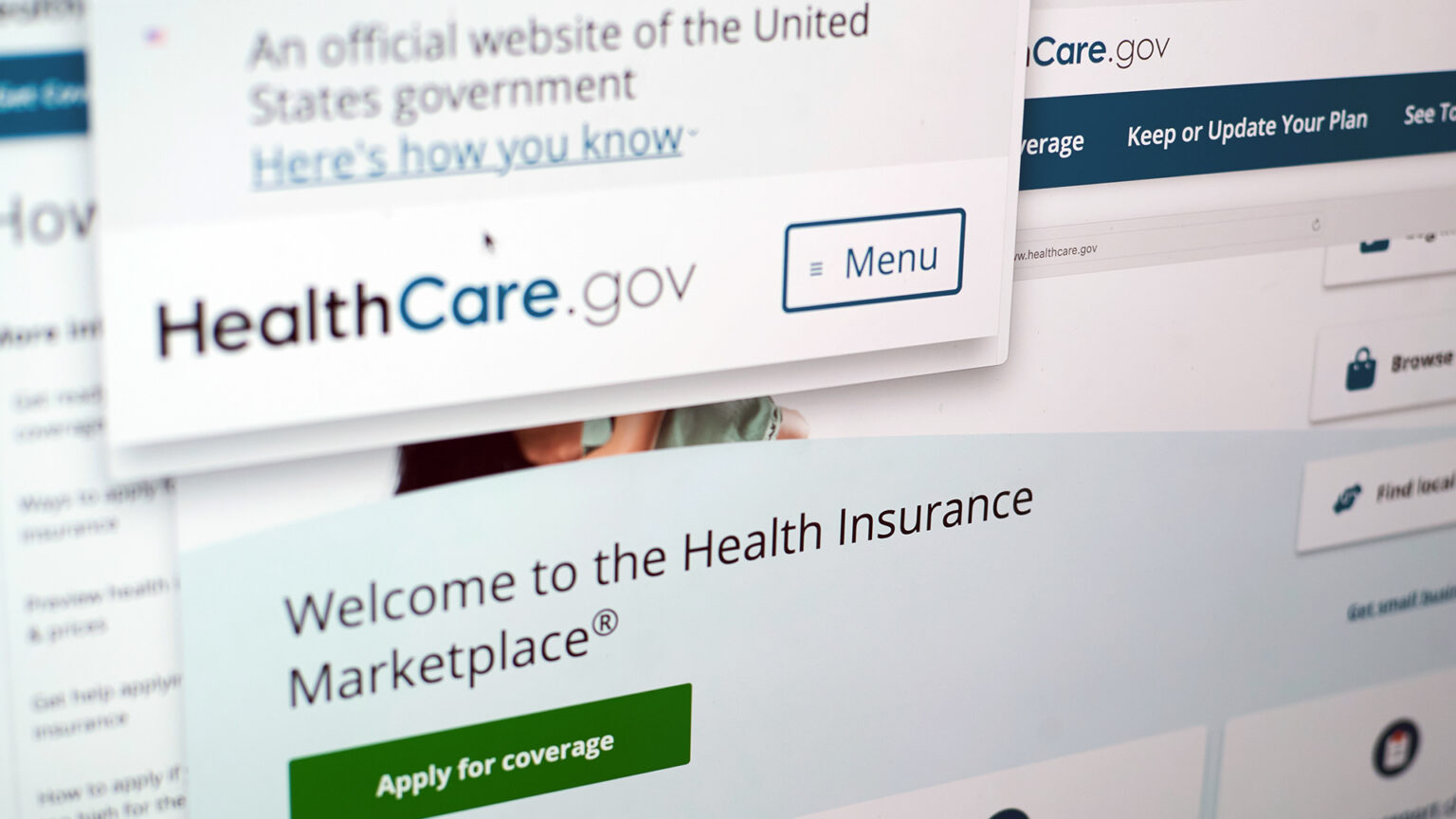 A photo of a website shows multiple lines of text, including An official website of the United States government, Here's how you know and Welcome to the Health Insurance Marketplace®, with multiple navigation links in different locations on the screen. A photo of a website shows multiple lines of text, including An official website of the United States government, Here's how you know and Welcome to the Health Insurance Marketplace®, with multiple navigation links in different locations on the screen.