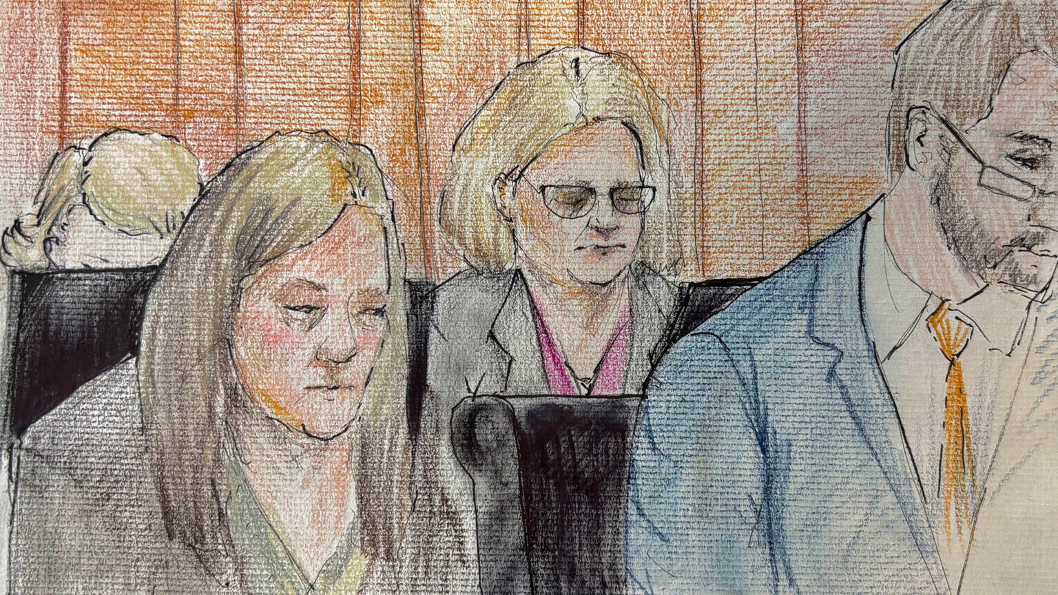 A hand-drawn and shaded sketch shows a depiction of Hannah Dugan sitting, with two people seated in front of her and another seated behind her.