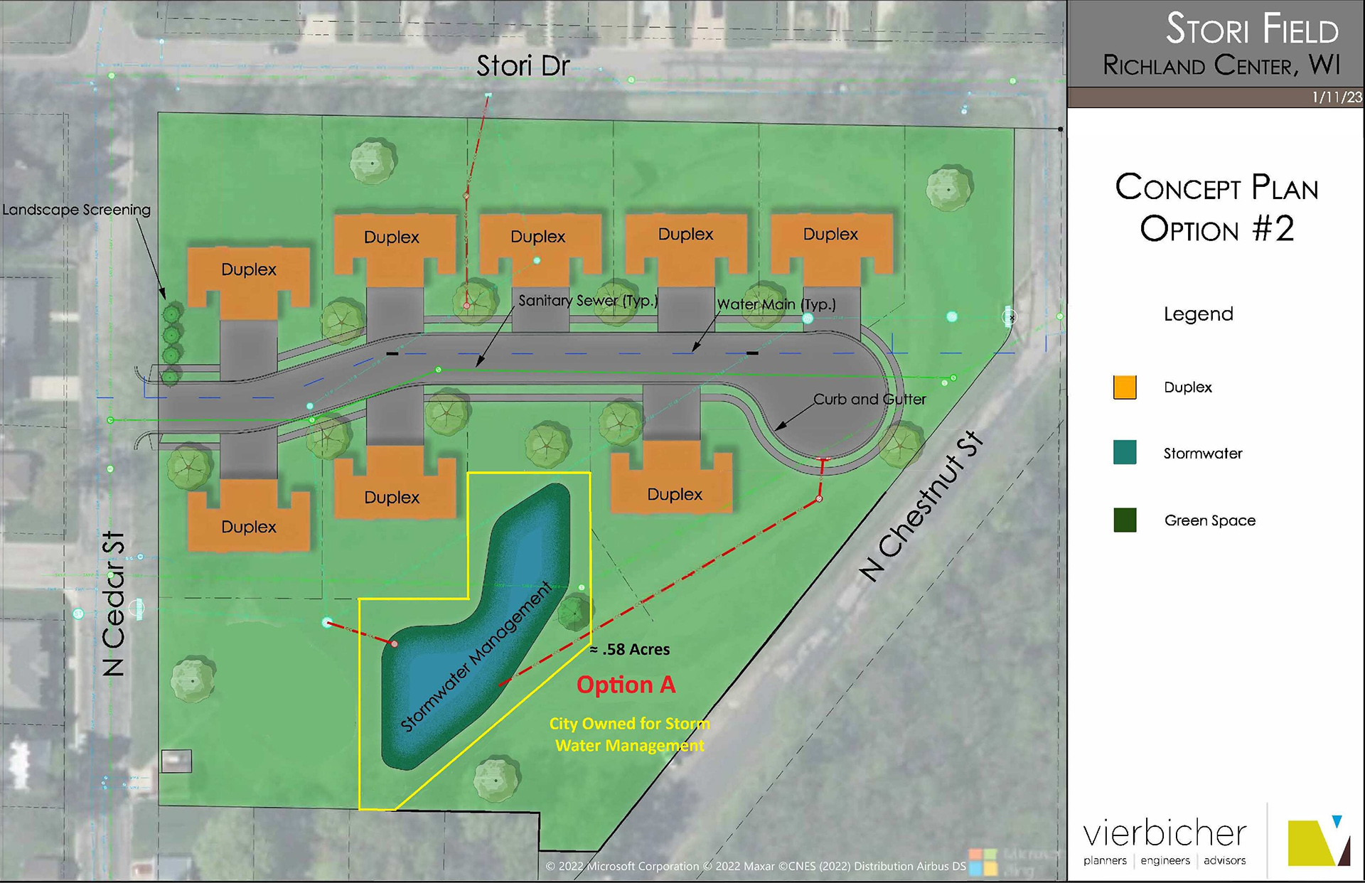 A graphic with the title "Stori Field" and "Richland Center, WI" and the heading "Concept Plan Option #2" above a legend showing color-coded indicators for the locations of "Duplex," "Stormwater" and Green Space" shows an illustration of a proposed set of eight duplexes surrounding a short road with a court circle at one end.