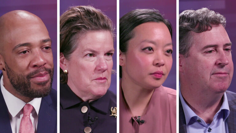 Side-by-side still images from video show Mandela Barnes, Missy Hughes, Francesca Hong and Joel Brennan seated with an ombre backdrop in the background.