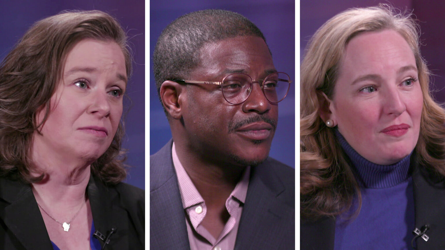 Side-by-side still images from video show Sara Rodriguez, David Crowley and Kelda Roys seated with an ombre backdrop in the background. Side-by-side still images from video show Sara Rodriguez, David Crowley and Kelda Roys seated with an ombre backdrop in the background.
