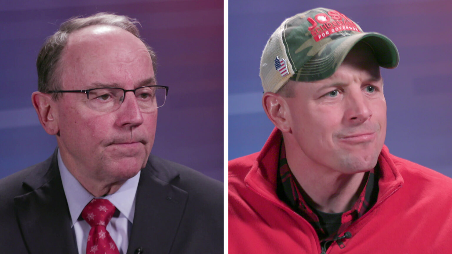 Side-by-side still images from video show Tom Tiffany and Josh Schoemann seated with an ombre backdrop in the background.