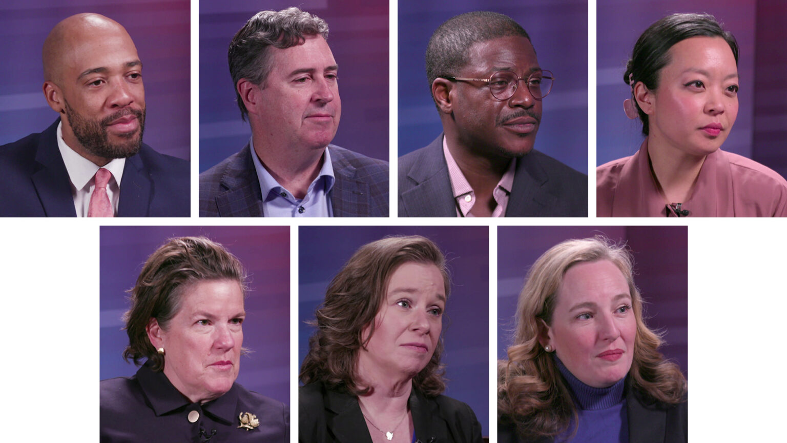 Two rows of side-by-side still images from video show Mandela Barnes, Joel Brennan, David Crowley, Francesca Hong, Missy Hughes, Sara Rodriguez and Kelda Roys seated with an ombre backdrop in the background.
