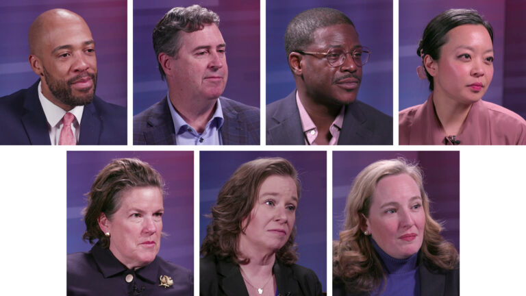 Two rows of side-by-side still images from video show Mandela Barnes, Joel Brennan, David Crowley, Francesca Hong, Missy Hughes, Sara Rodriguez and Kelda Roys seated with an ombre backdrop in the background.