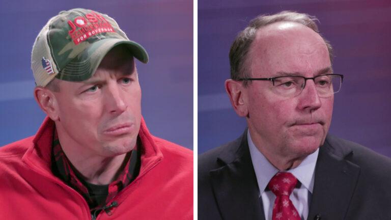Side-by-side still images from video show Josh Schoemann and Tom Tiffany seated with an ombre backdrop in the background.