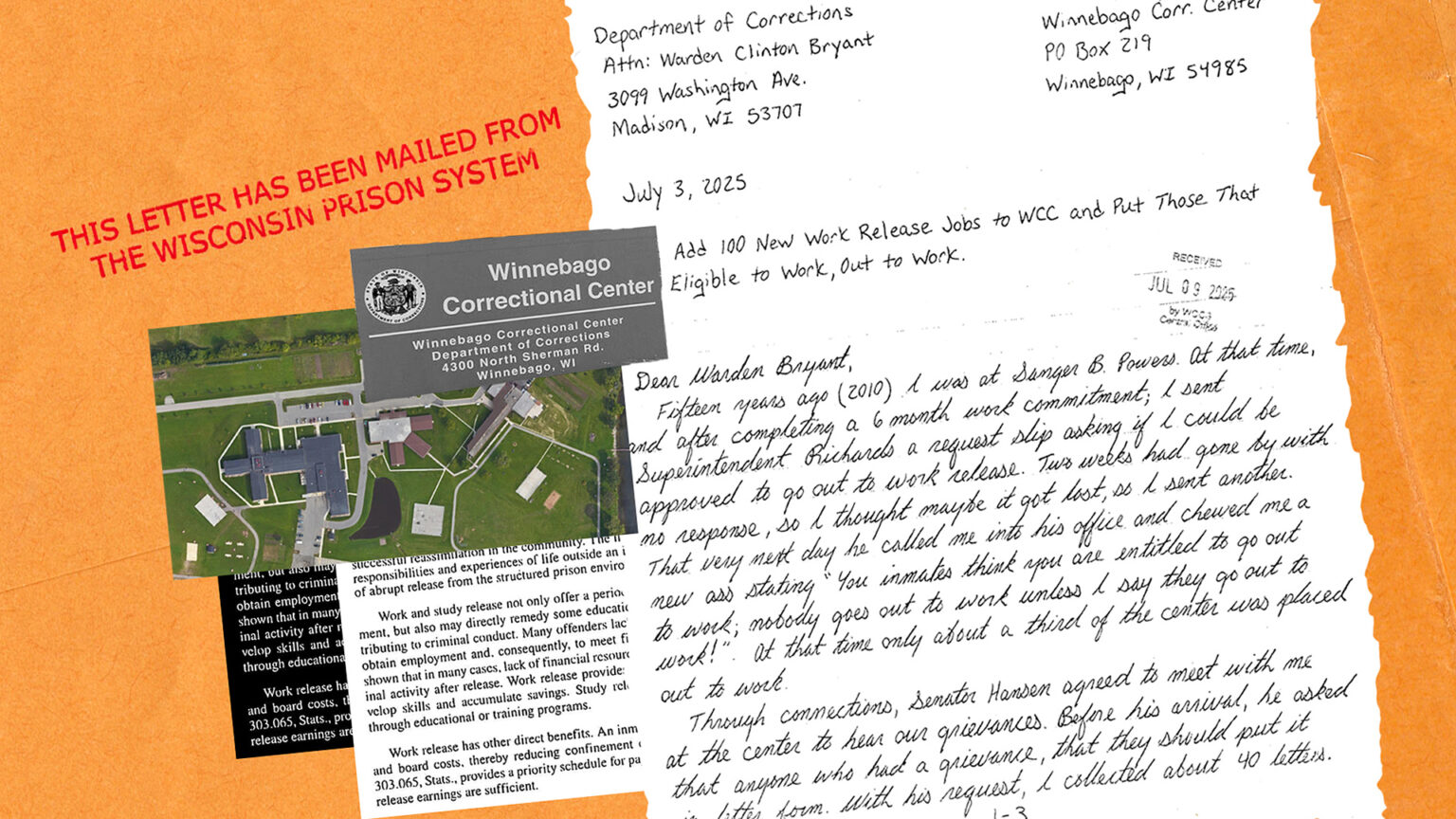 A collage graphic shows a handwritten letter, an aerial photo of a prison, the address of Winnebago Correction Center, two excerpts of printed text and an envelope with a stamp reading This letter has been mailed from the Wisconsin prison system.