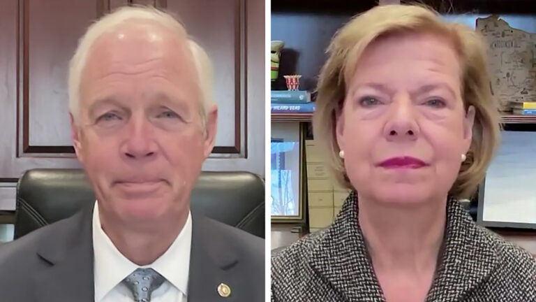 Side-by-side images show Ron Johnson and Tammy Baldwin looking into the camera.