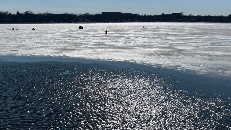 Multiple ice fishers sit on the surface of ice on a frozen lake, with open water in the foreground and the far shore with trees and buildings in shadow in the background.