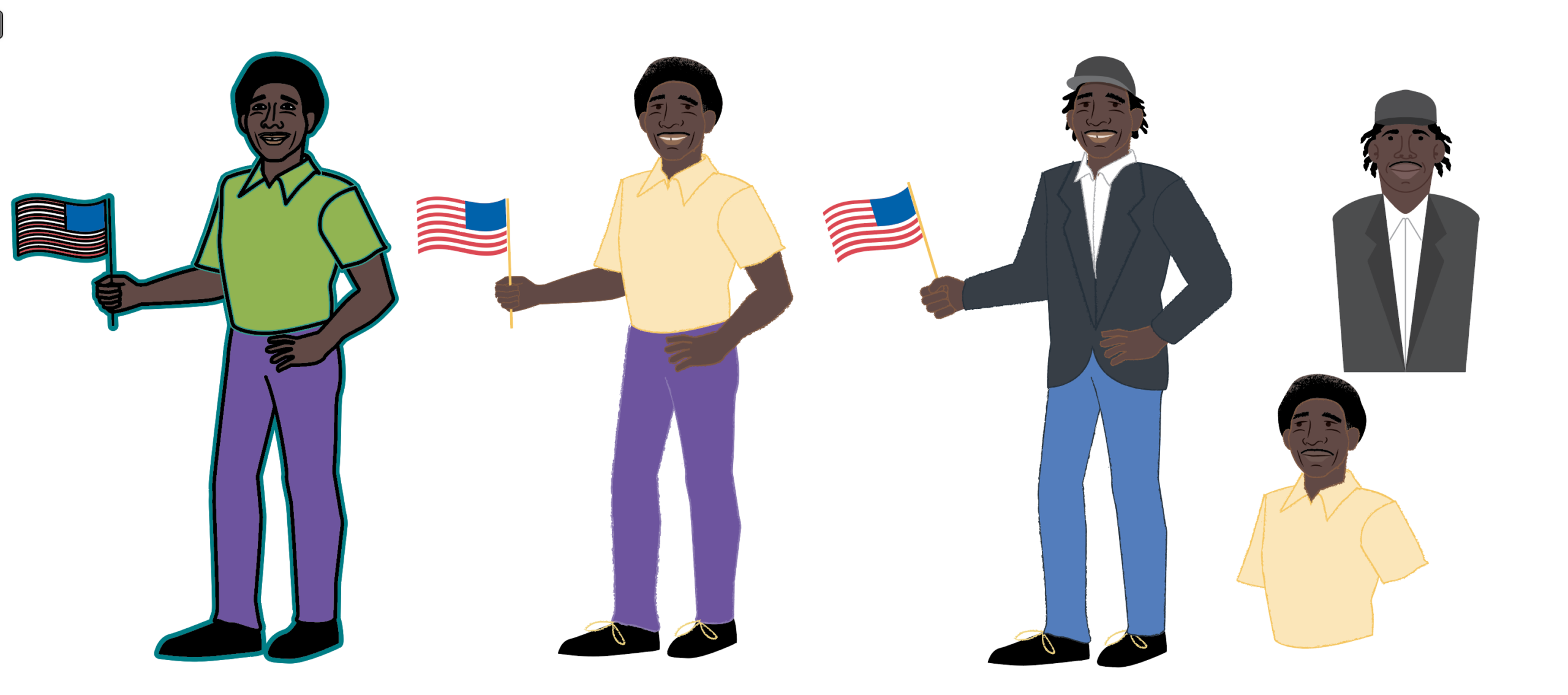 Illustration and early drawings of four versions of Ernesto Rodriguez holding a U.S. flag. They wear different outfits, ranging from casual to formal, conveying diversity and change.