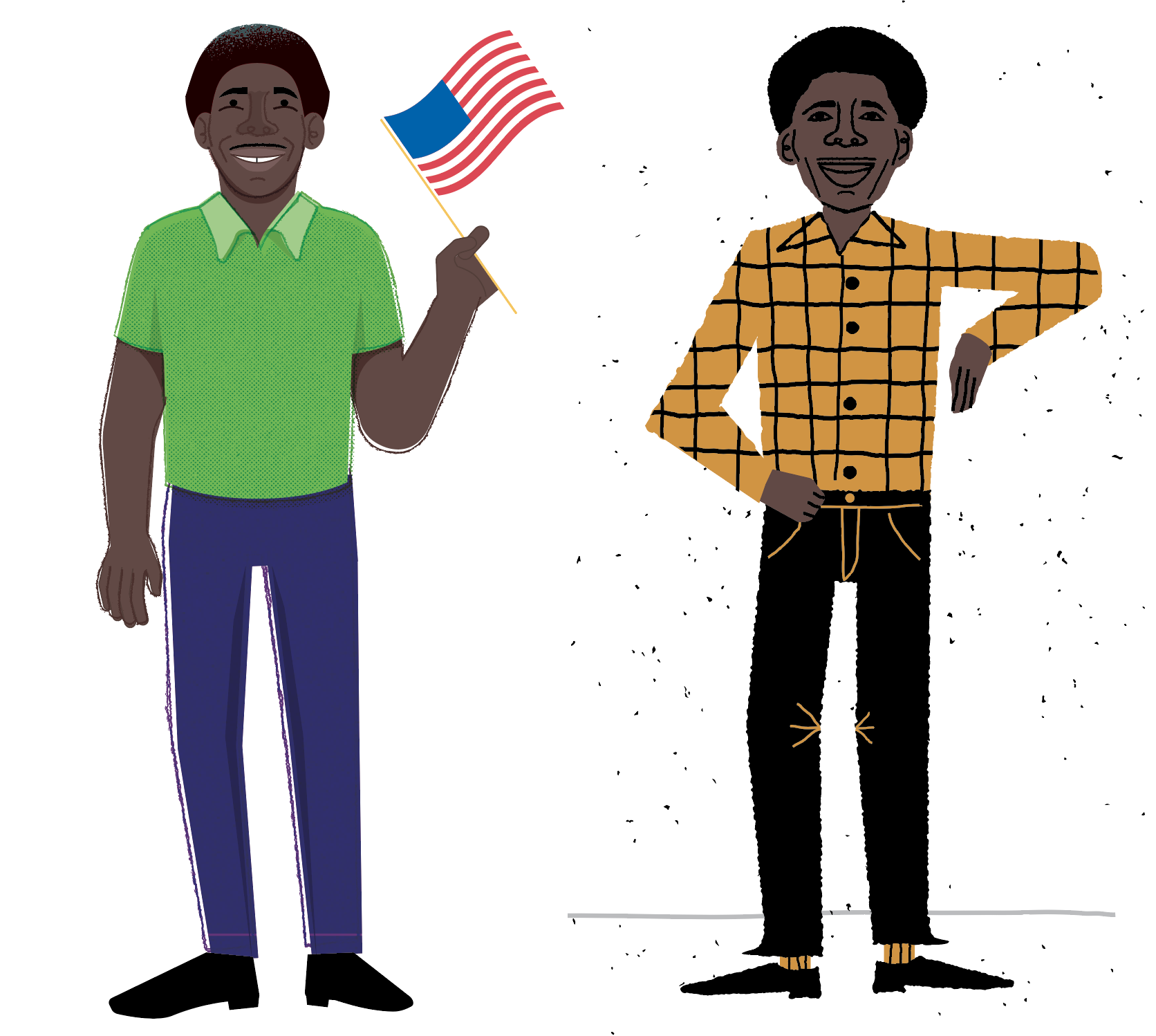 Two illustrations of Ernesto Rodriguez standing side by side. The man on the left, smiling, holds a small United State flag. He wears a bright green shirt and blue pants. The man on the right, also smiling, wears a yellow checkered shirt and black pants with hands resting on his hip. Both exude a cheerful vibe.