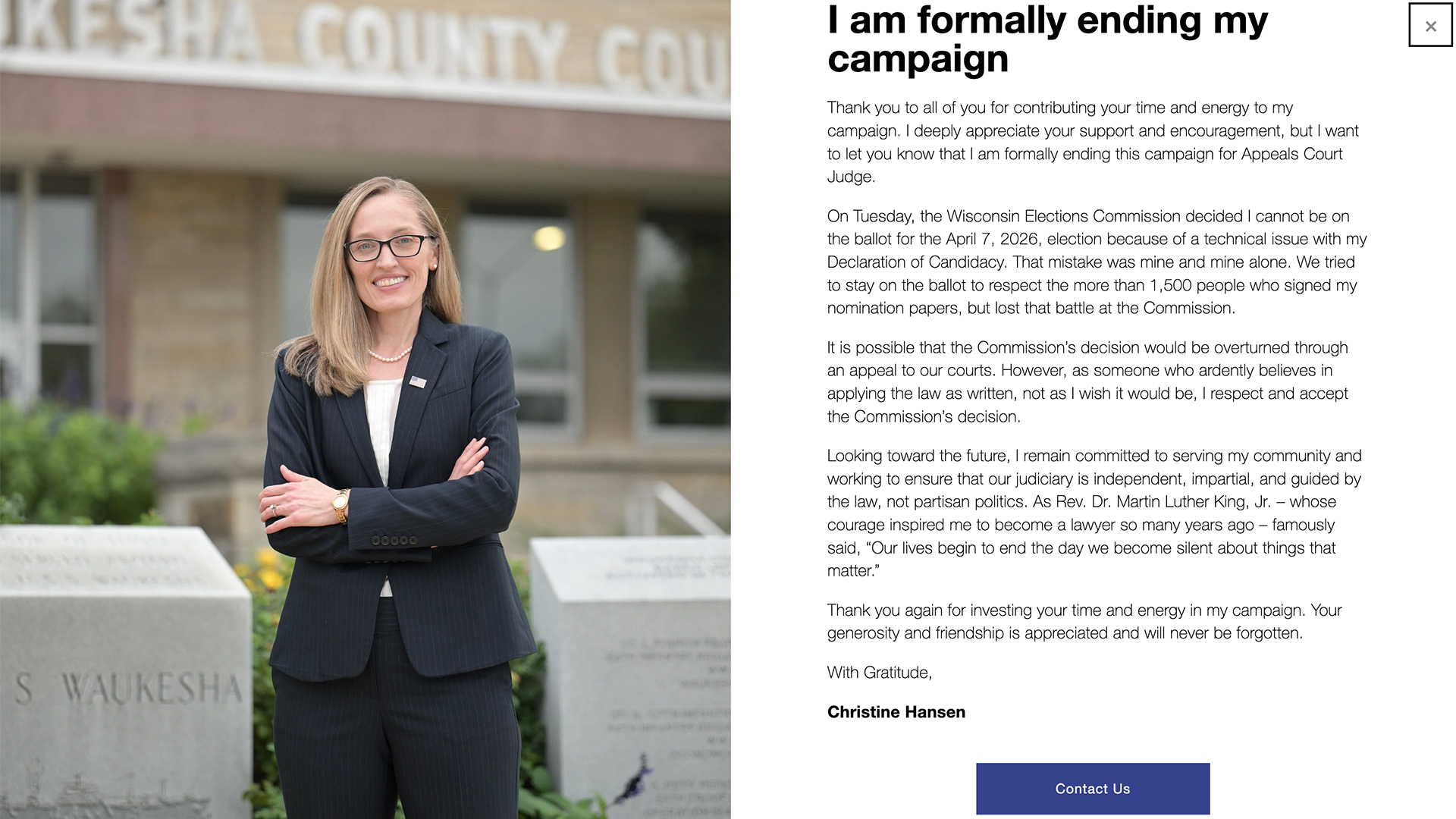 A screenshot from a website shows a portrait of Christine Hansen standing in front of multiple stone markers placed in front of a brick building with a row of windows alongside a written statement with the title "I am formally ending my campaign."