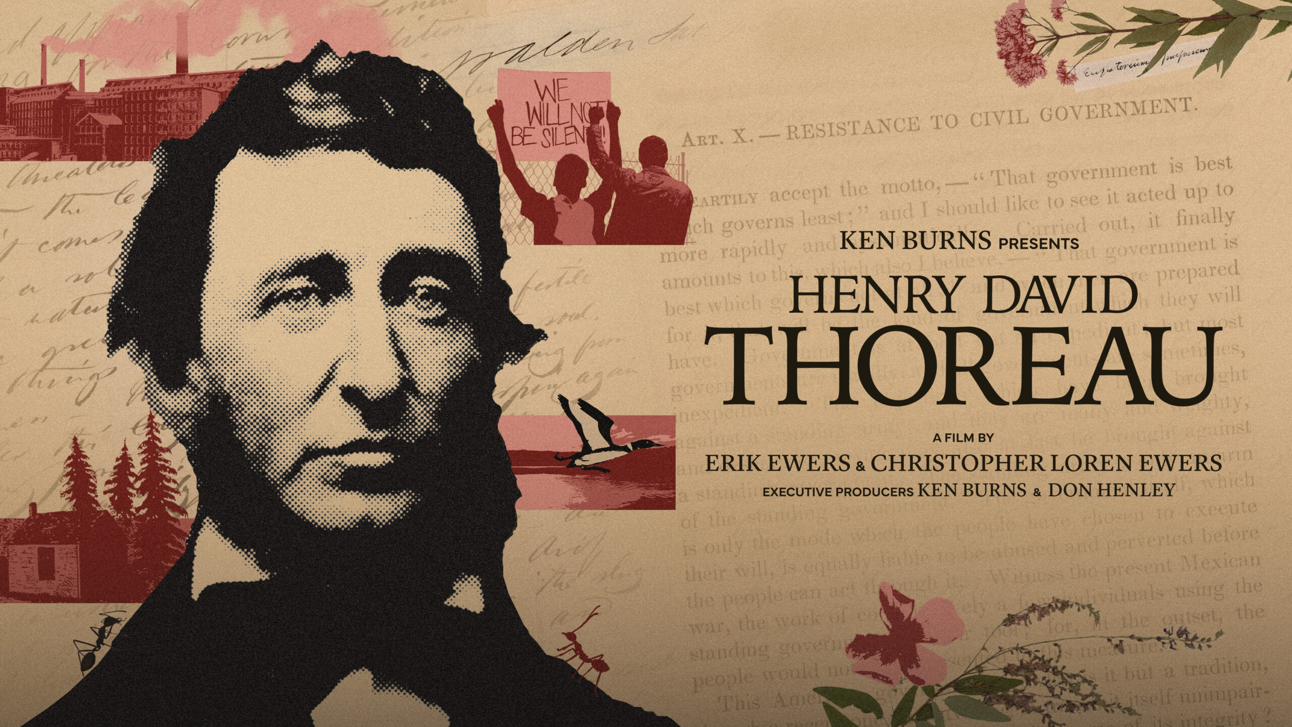 Promotional poster for Ken Burns' documentary "Henry David Thoreau," directed by Erik Ewers and Christopher Loren Ewers. Features a halftone portrait of Thoreau against a parchment background layered with handwritten text, manuscript excerpts, and collaged imagery including a factory, pine trees, wildflowers, a protest scene, and a loon on water.