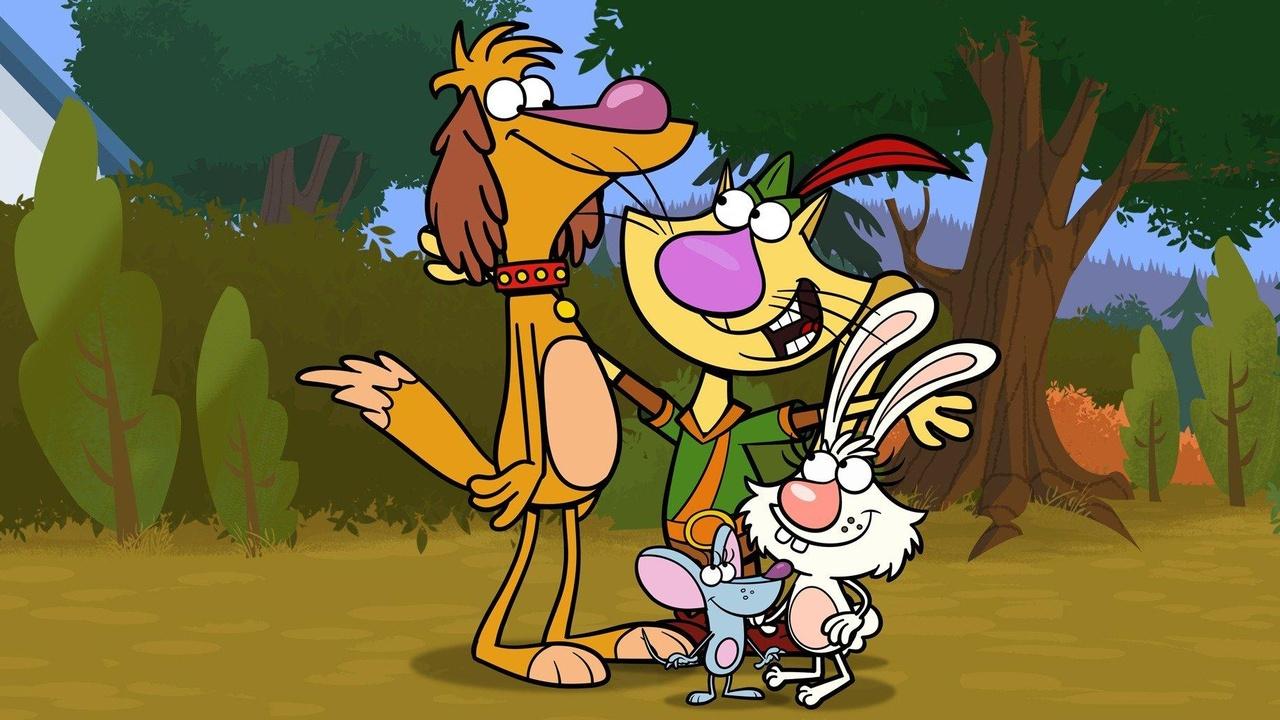 A promotional image for the PBS Kids animated series Nature Cat, featuring four cartoon animal characters — a tall orange dog, a cat in a green explorer's vest and red feathered cap, a white rabbit, and a small mouse — grouped together in a colorful forest setting.