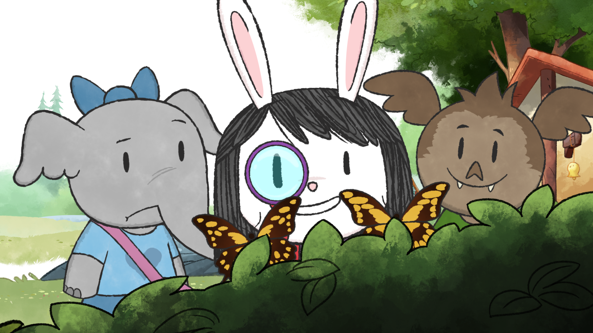 A cartoon elephant, rabbit, and owl peek over bush with butterflies in an episode of Elinor Wonders Why. The rabbit Elinor is in the middle holding a magnifying glass. They're in a forest setting near a small wooden house, conveying curiosity.