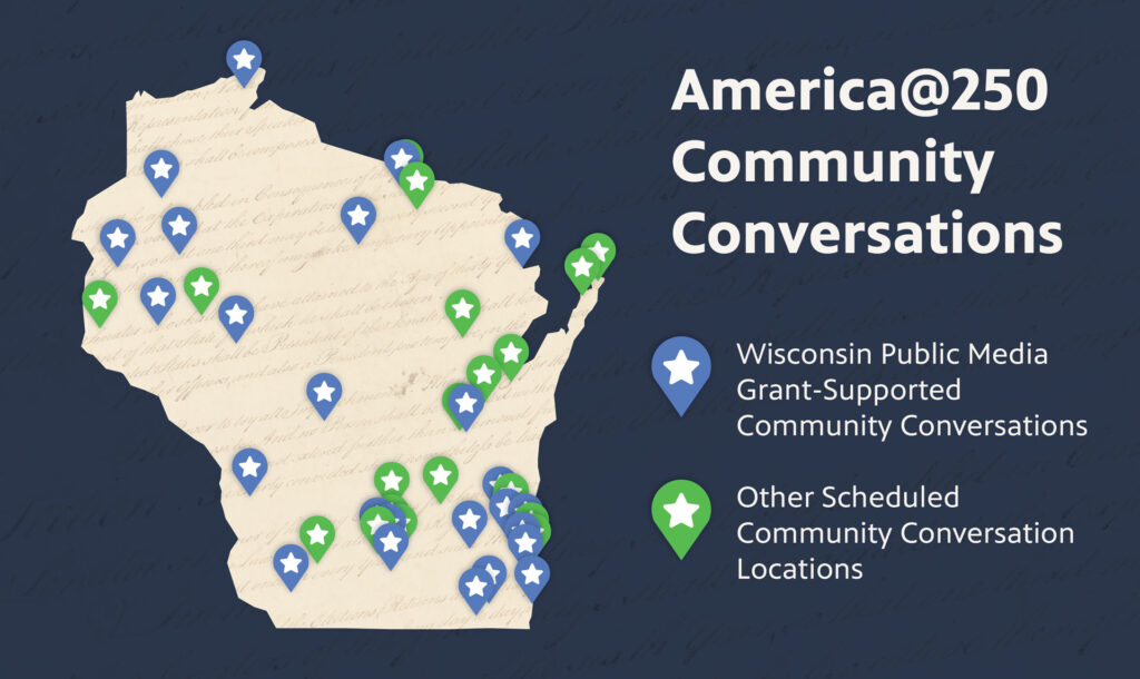 A graphic displaying where America@250 Community Conversations will take place across Wisconsin.