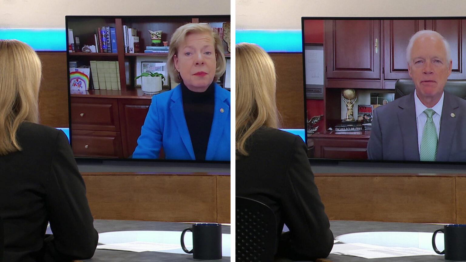 Side-by-side images show Frederica Freyberg sitting at a desk on the Here & Now set and facing a video monitor showing images of Tammy Baldwin and Ron Johnson.