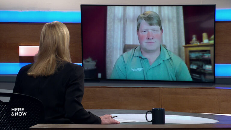 Frederica Freyberg sits at a desk on the Here & Now set and faces a video monitor showing an image of Darin Von Ruden.