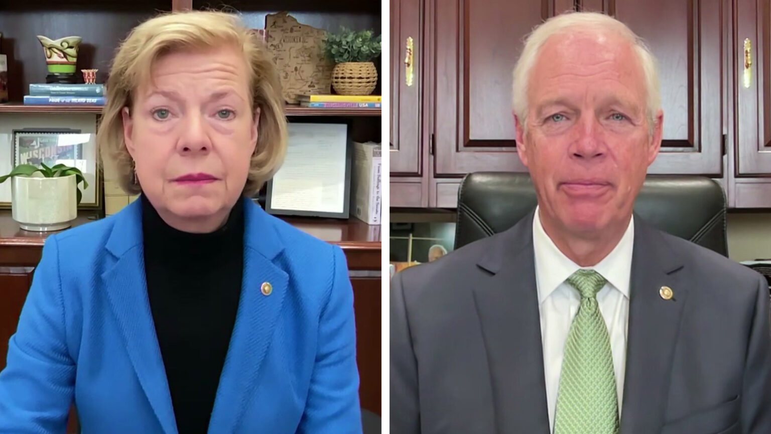 Side-by-side images show Tammy Baldwin and Ron Johnson looking into the camera.