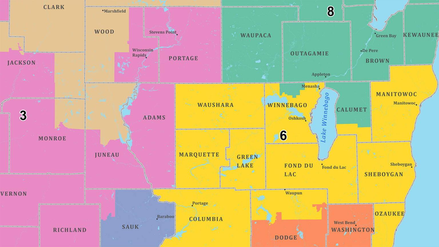 A portion of a map shows the outlines of Wisconsin Congressional districts, with labels marking their numbers alongside county names and the locations of some larger municipalities in central and eastern portions of the state. A portion of a map shows the outlines of Wisconsin Congressional districts, with labels marking their numbers alongside county names and the locations of some larger municipalities in central and eastern portions of the state.