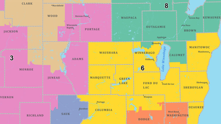 A portion of a map shows the outlines of Wisconsin Congressional districts, with labels marking their numbers alongside county names and the locations of some larger municipalities in central and eastern portions of the state. A portion of a map shows the outlines of Wisconsin Congressional districts, with labels marking their numbers alongside county names and the locations of some larger municipalities in central and eastern portions of the state.