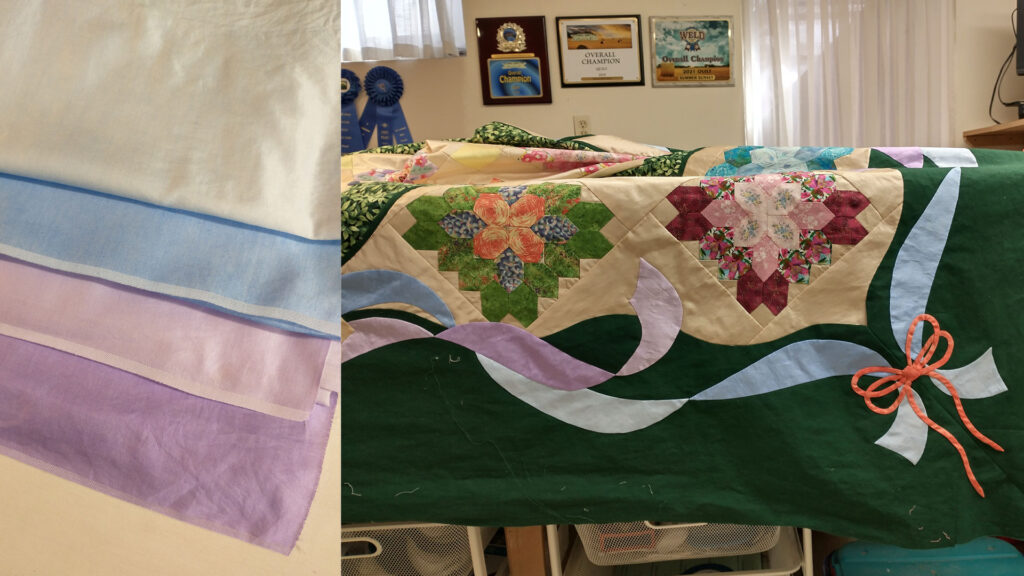 A split image of fabric stacked next to an intricate, floral quilt top.