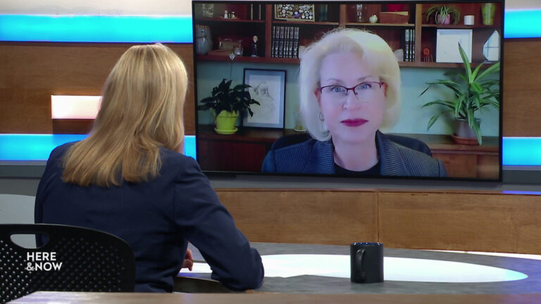 Frederica Freyberg sits at a desk on the Here & Now set and faces a video monitor showing an image of Ann Jacobs.
