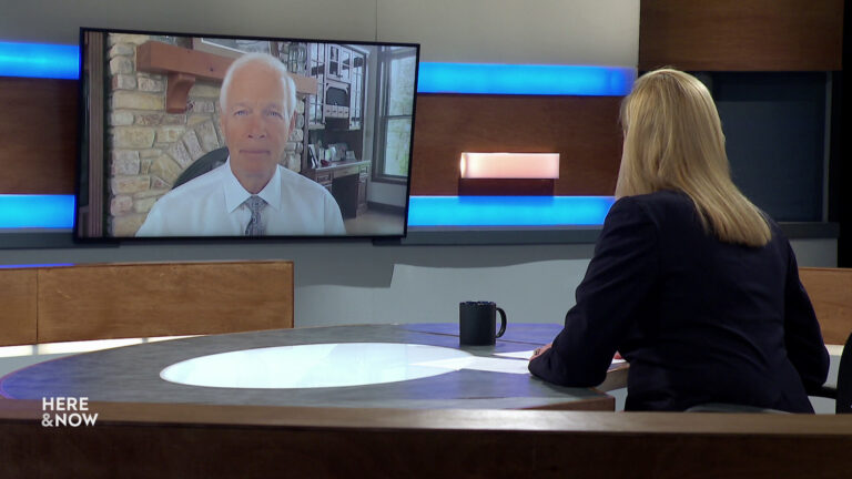 Frederica Freyberg sits at a desk on the Here & Now set and faces a video monitor showing an image of Ron Johnson.