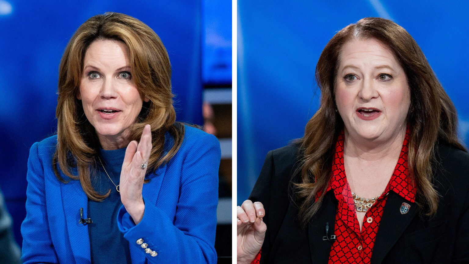 Side-by-side images show Chris Taylor and Maria Lazar speaking and gesturing with their hands while seated in a television studio.