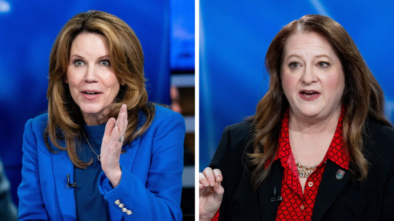 Side-by-side images show Chris Taylor and Maria Lazar speaking and gesturing with their hands while seated in a television studio.