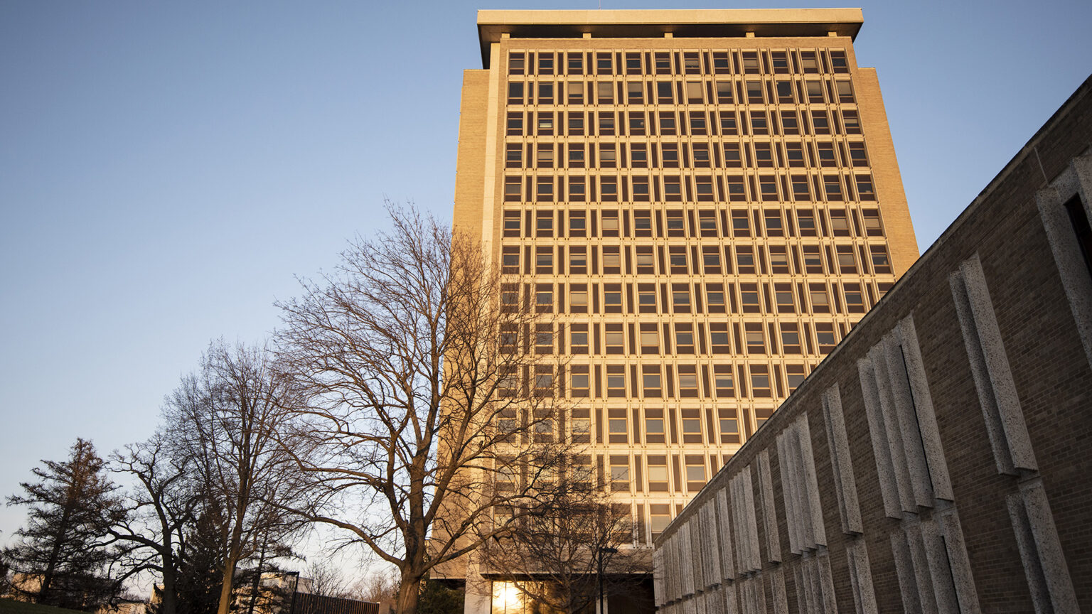 Sunlight reflects off the walls and windows of a tall, multi-story portion of a building standing next to a shorter wing, with leafless trees on one side.