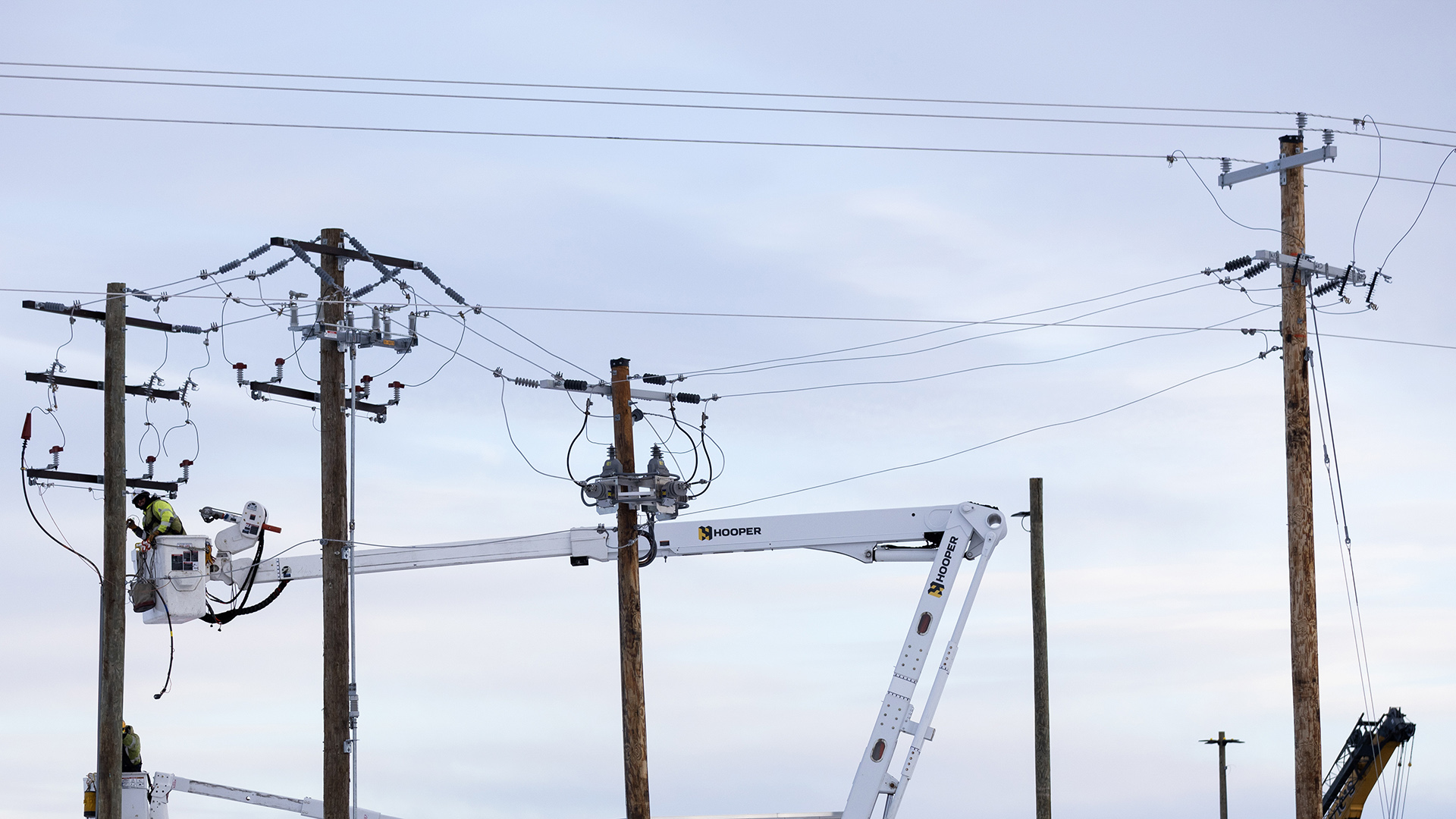 People standing in the buckets of extended booms of utility bucket trucks work on utility poles connected by multiple wires.