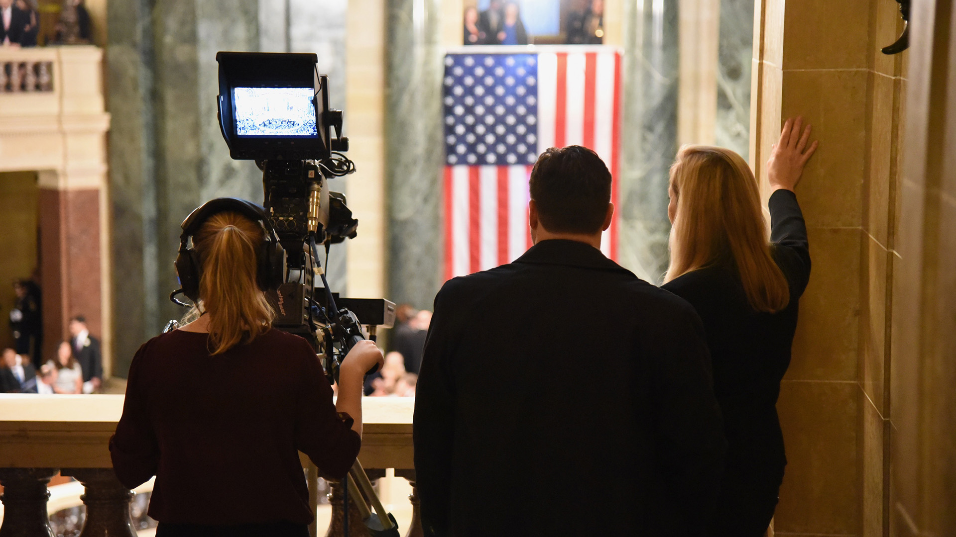 Members of the PBS Wisconsin News team recording at the Wisconsin State Capitol. (Source: PBS Wisconsin)