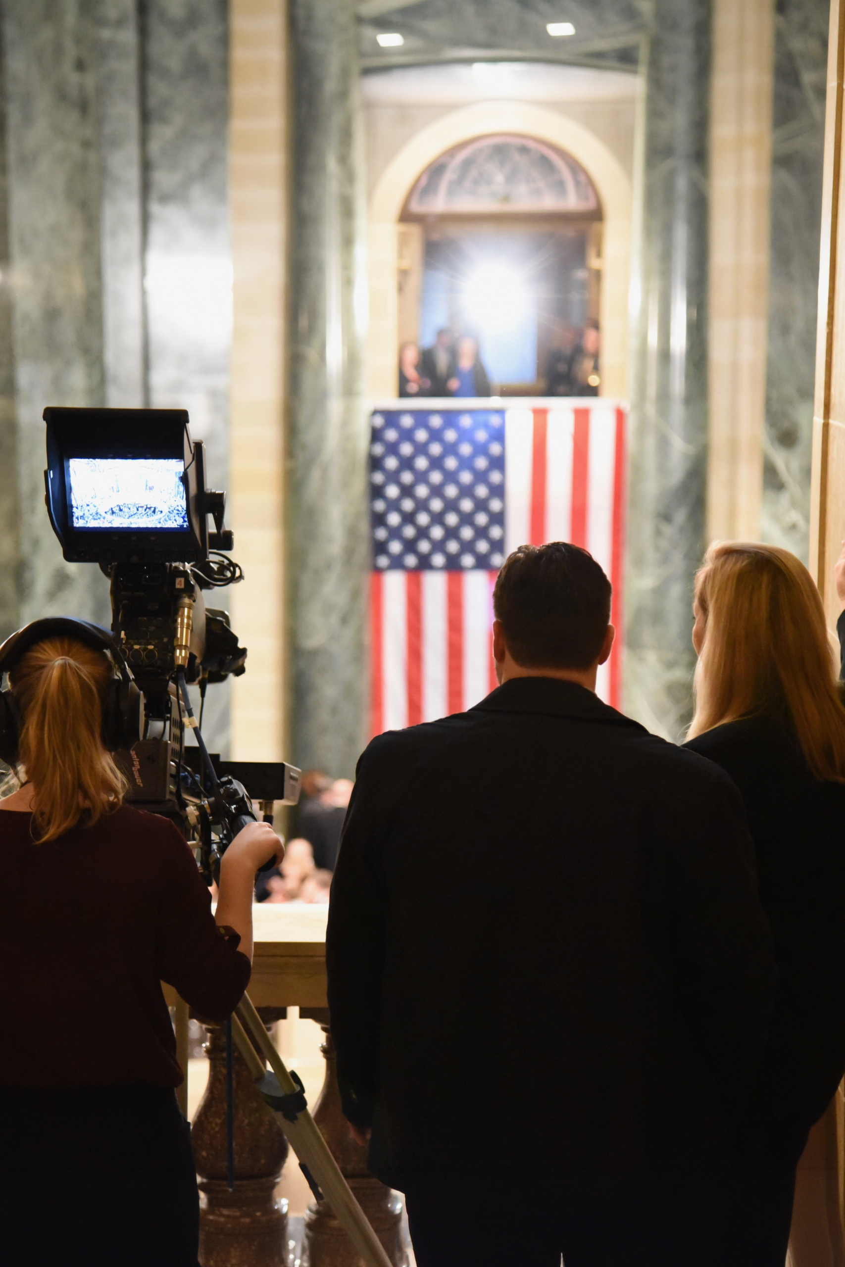 Members of the PBS Wisconsin News team recording at the Wisconsin State Capitol. (Source: PBS Wisconsin)