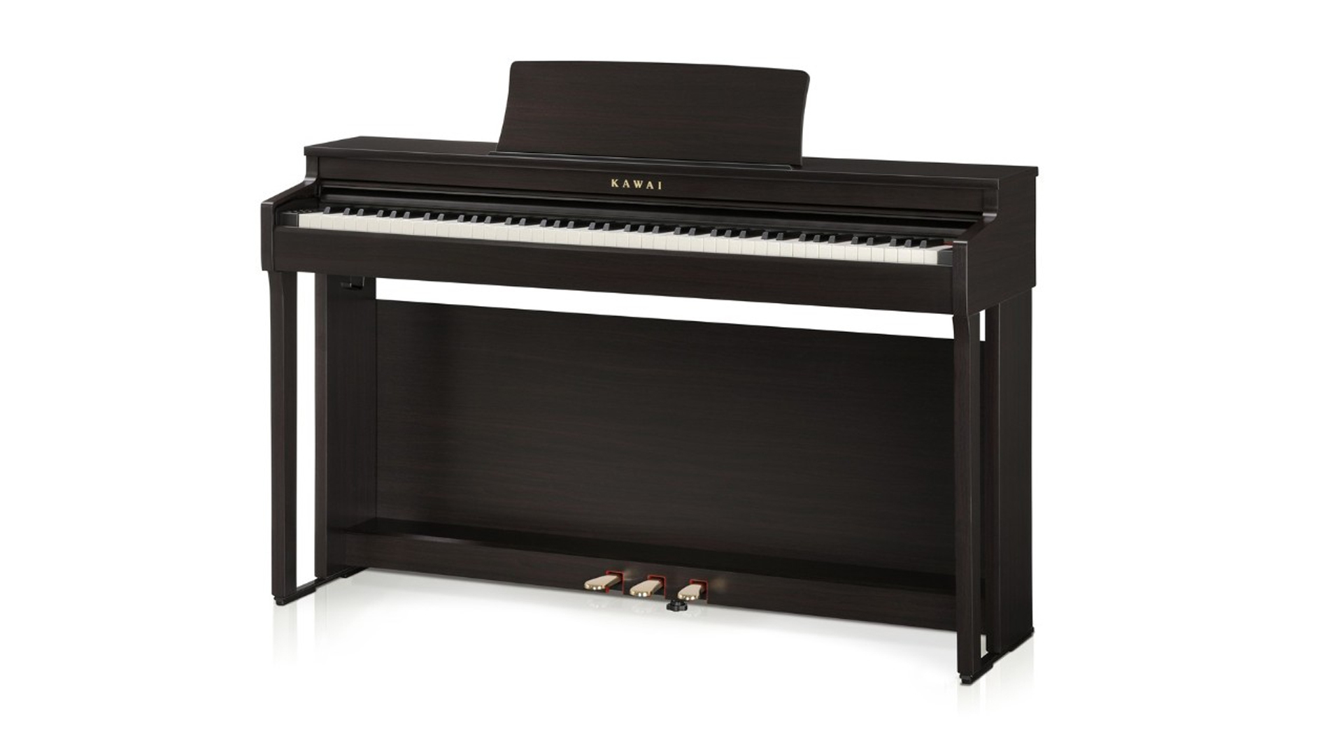 A sleek, dark brown digital piano with a full keyboard - the Kawai CN201 Rosewood from Farley's Piano House in Madison, Wisconsin - is shown. It features three foot pedals and a modern, minimalist design, evoking elegance.