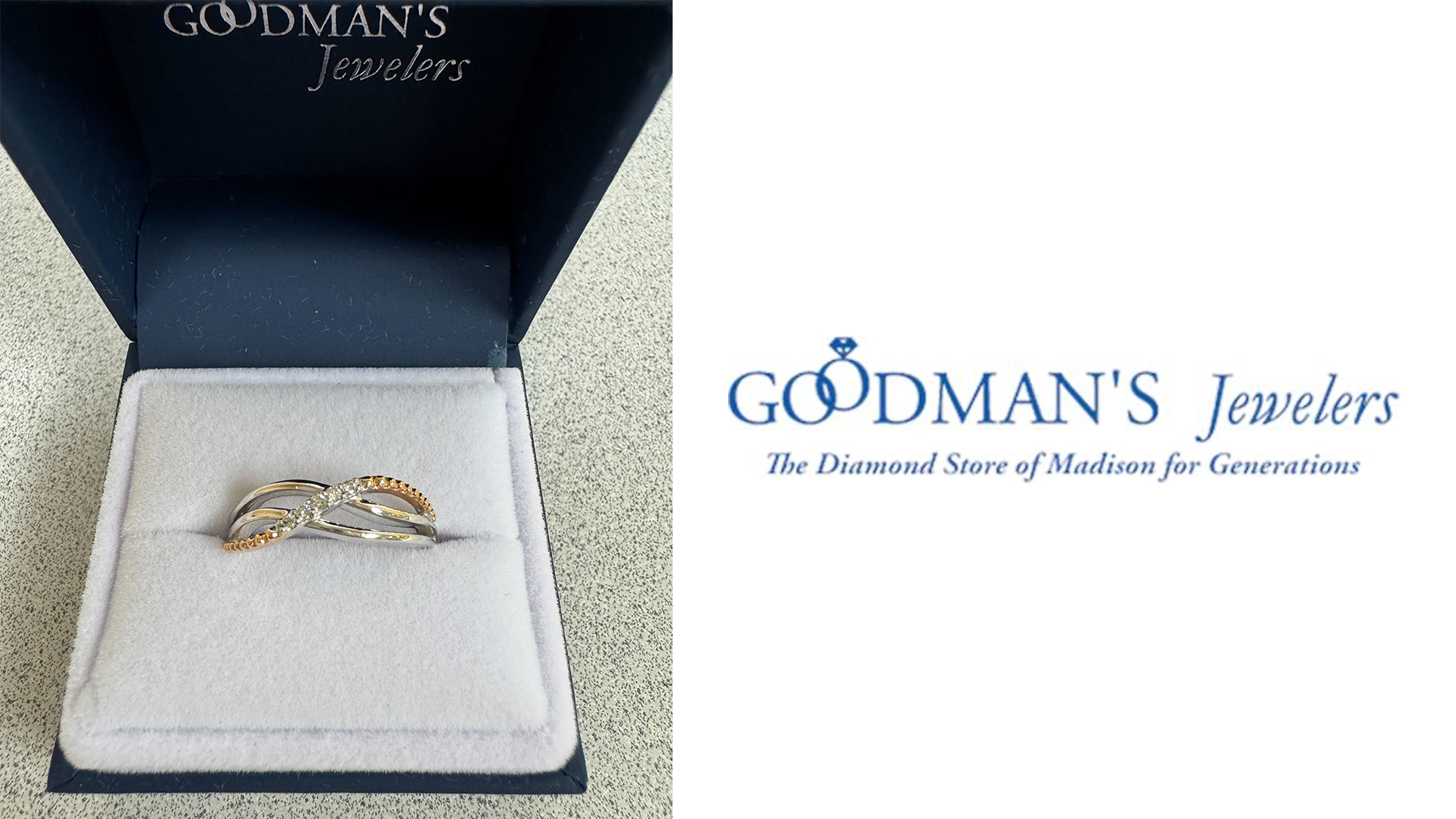A silver and gold twisted ring in a white cushioned navy box with "Goodman's Jewelers" branding. Nearby, the store's blue logo with tagline.