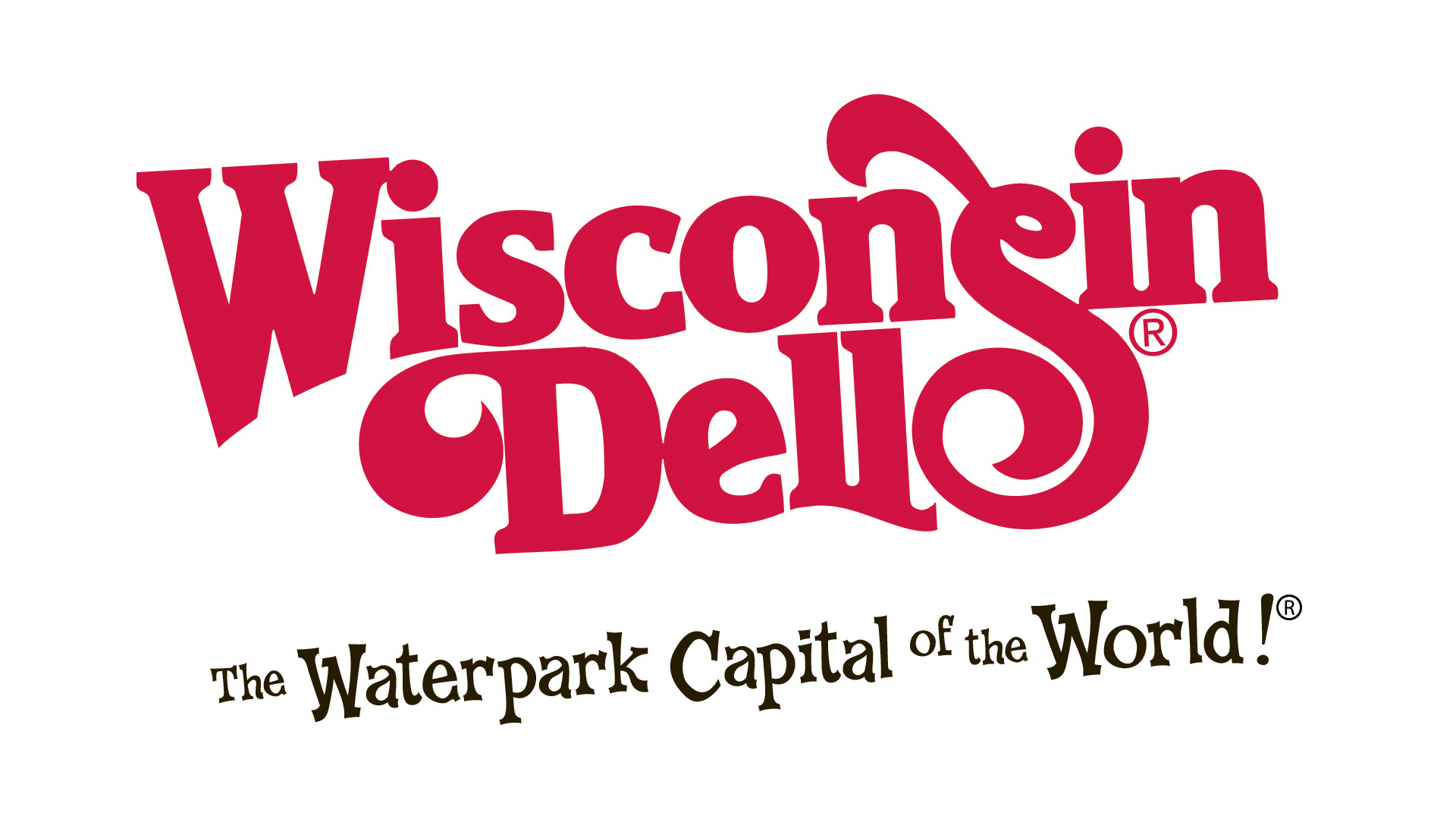 Red and white stylized text reads "Wisconsin Dells," with "The Waterpark Capital of the World!" beneath. Playful font conveys excitement and fun.