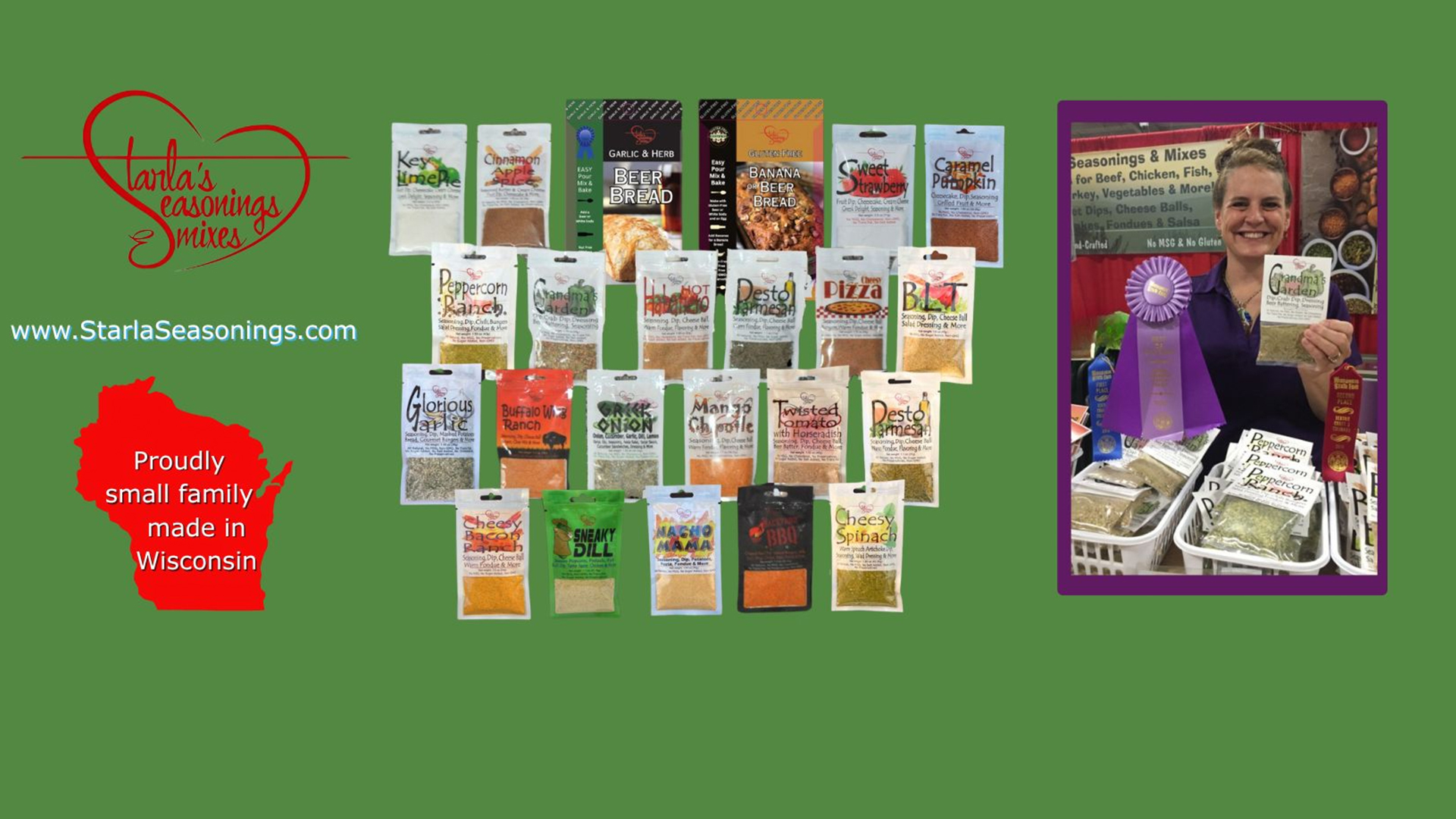 A display of various seasoning packets of Starla's Seasonings, Dips & Mixes along with a website link, a Wisconsin map with text, and a woman at a booth holding a purple ribbon next to seasoning products.