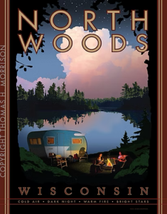 An illustration of a camper near a lake set in Northern Wisconsin