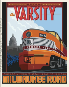 Art deco style illustration of a large train engine with the Wisconsin capitol in the background. 