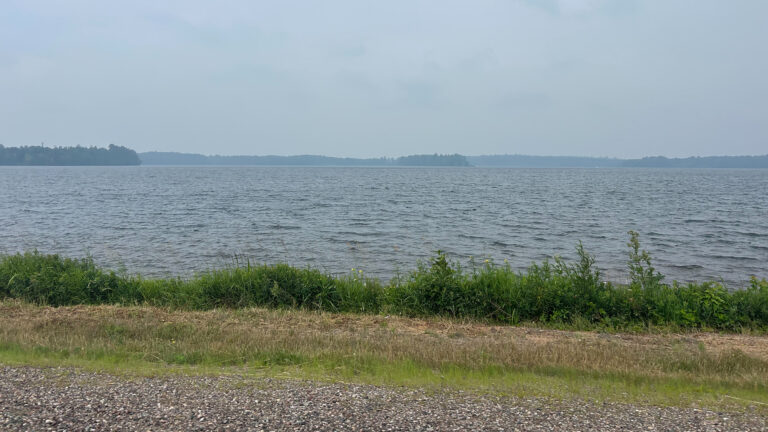 Small waves on a lake move toward its near shore, with plants, a mowed area and a gravel track in the foreground, and the hazy tree-covered far shore on the horizon in the background. Small waves on a lake move toward its near shore, with plants, a mowed area and a gravel track in the foreground, and the hazy tree-covered far shore on the horizon in the background.