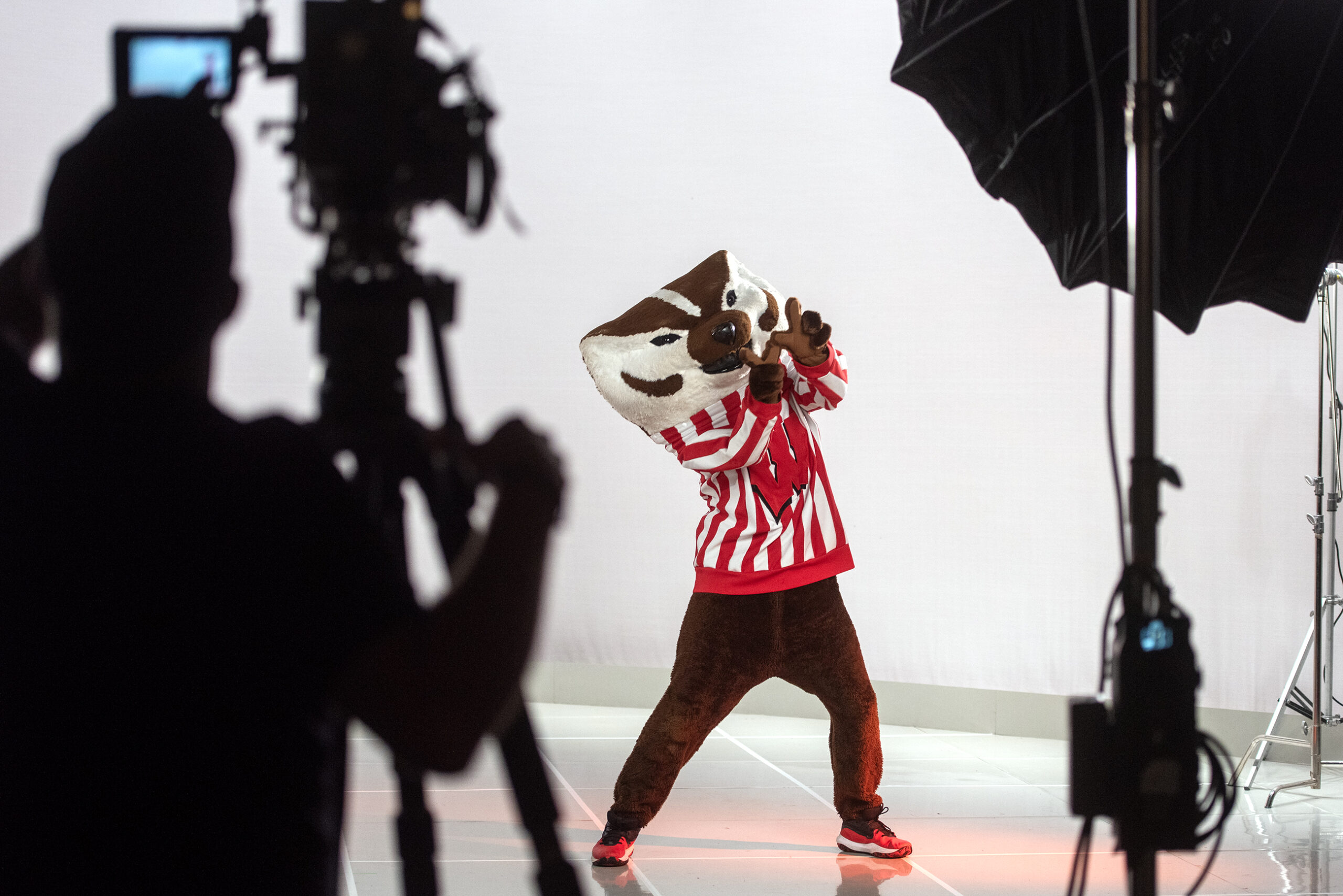 Behind-the-Scenes of Bucky mascot shoot in Vilas Hall Studio A, Sept. 30, 2025 for Bucky! documentary. (Source: Angela Major, photojournalist for Wisconsin Public Radio)