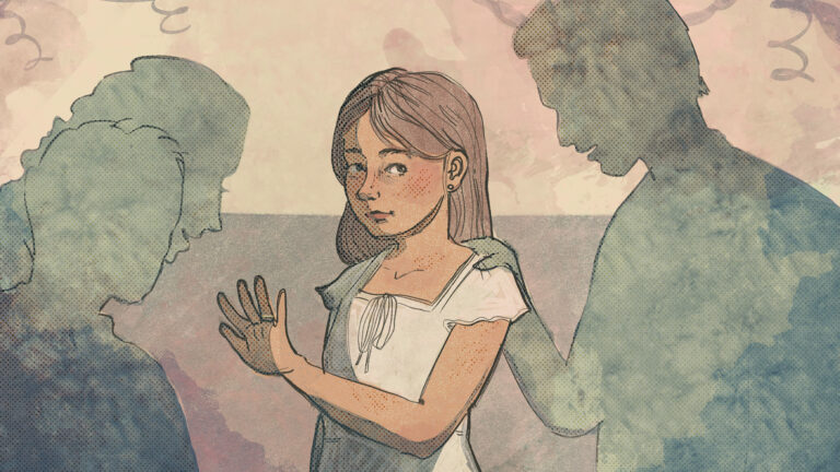 A comic strip-style drawing with a stylized halftone color scheme shows a girl holding up her left hand with a ring on her ring finger, with a man in shadow holding his right hand on her left shoulder and two other people in shadow facing her.