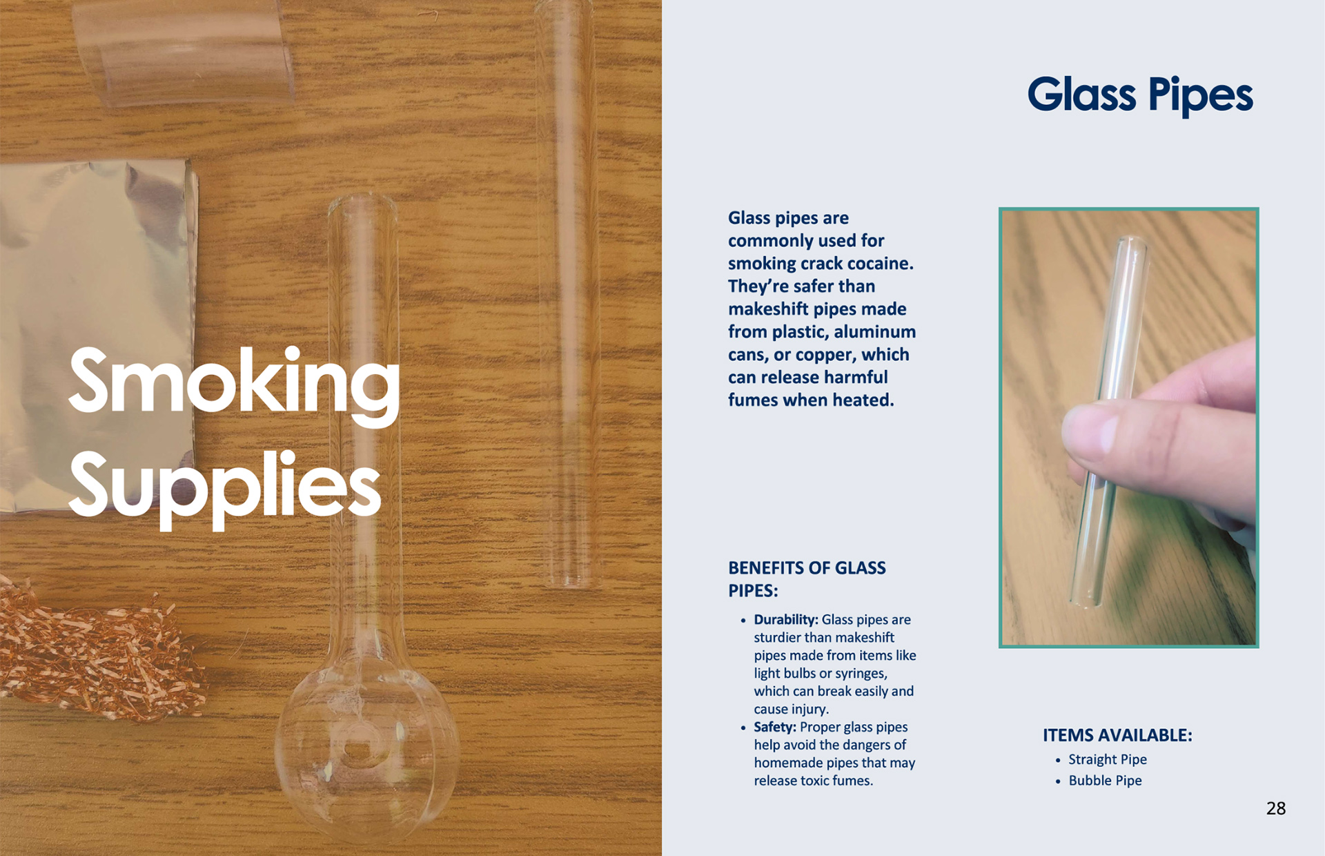 A screenshot pamphlet features title copy reading "Smoking Supplies" and "Glass Pipes," photos of multiple glass pipes with captions and bullet lists, and a page number of 28.