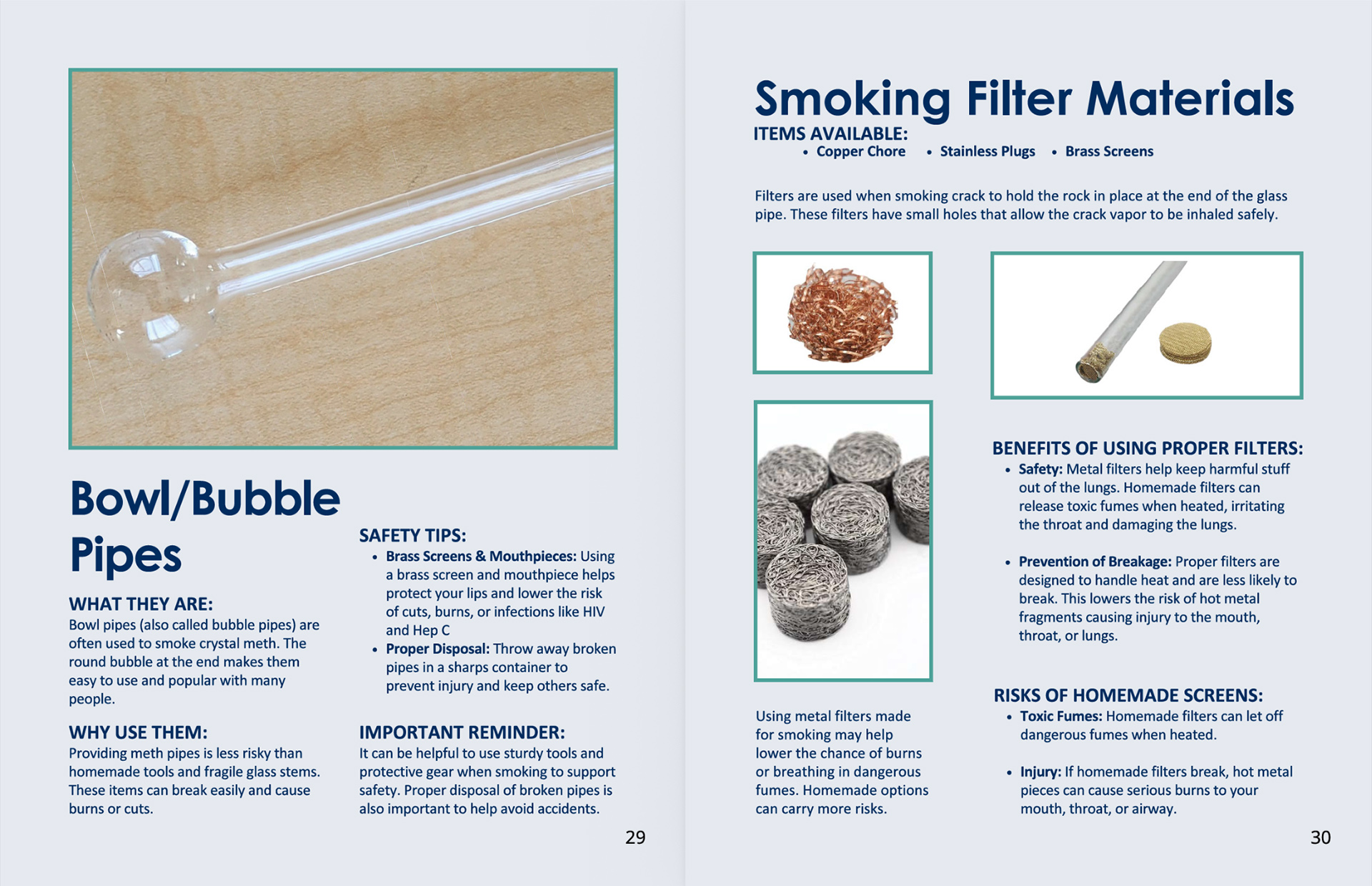 A screenshot pamphlet features title copy reading "Bowl/Bubble Pipes" and "Smoking Filter Materials," photos of a glass pipe and different types of fuilers with captions and bullet lists, and page numbers of 29 and 30.