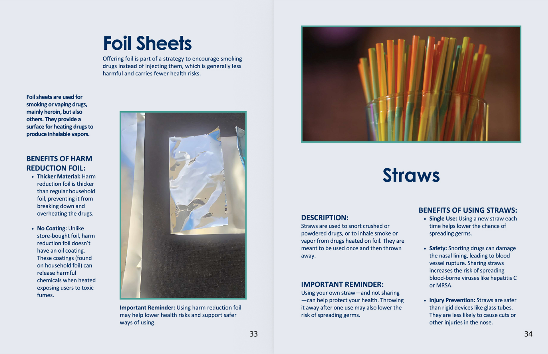 A screenshot pamphlet features title copy reading "Foil Sheets" and "Straws," photos of folded pieces of aluminum foil and glass filled with plastic straws with captions and bullet lists, and page numbers of 33 and 34.